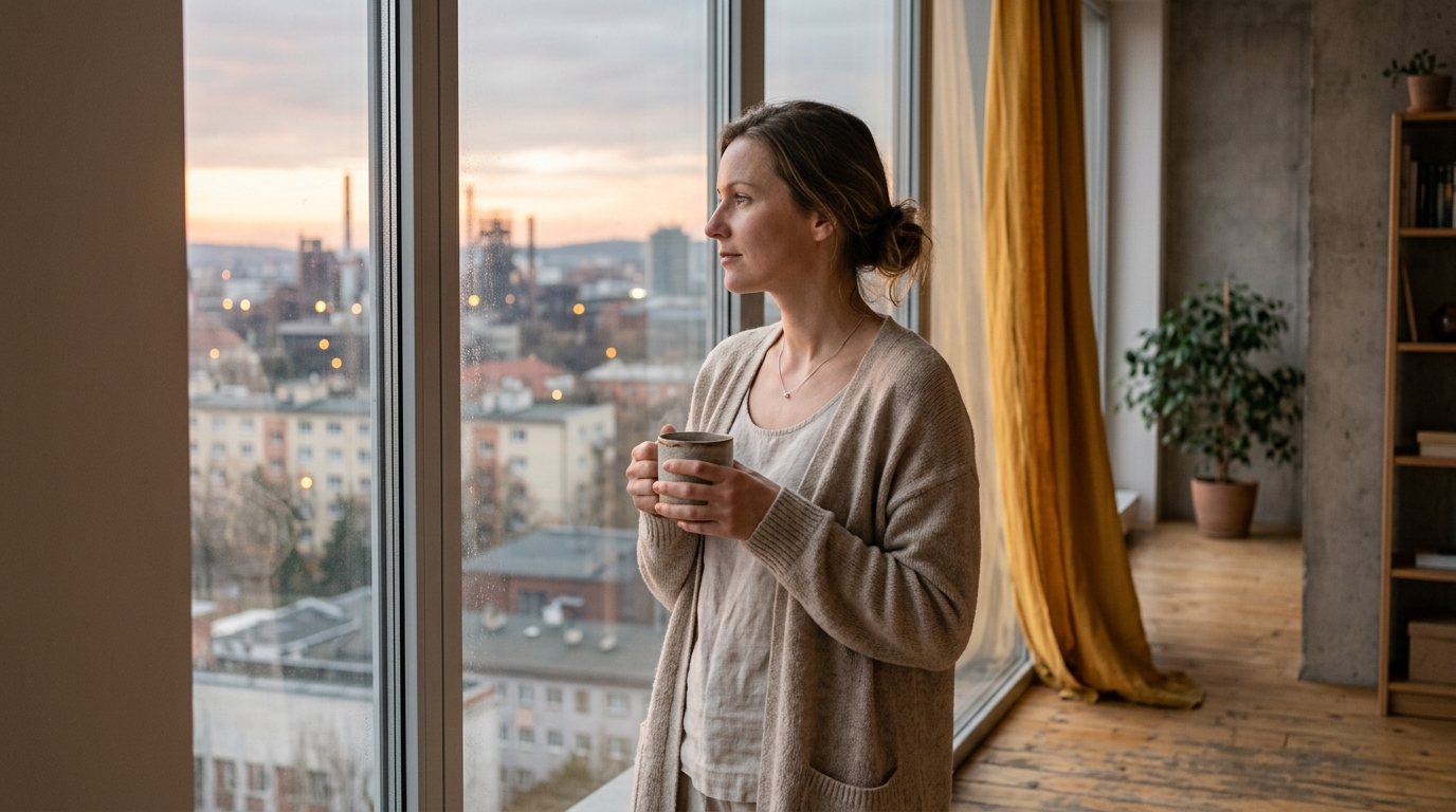 Žena drží ranní čaj u okna v ostravském bytě, klidné světlo úsvitu